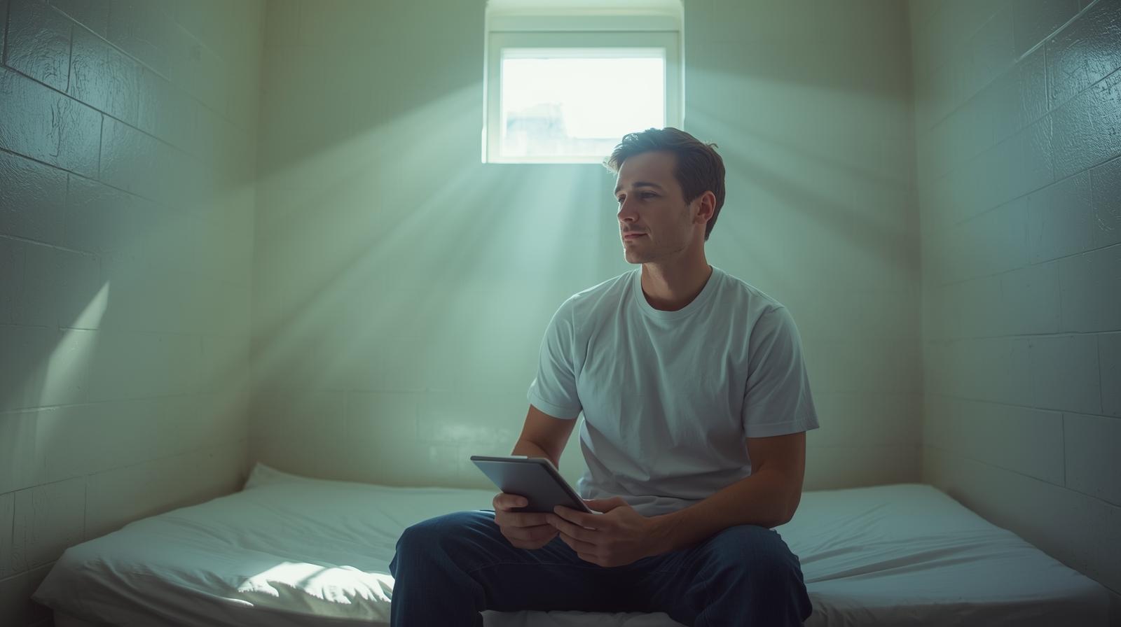 Hopeful inmate reflects inside quiet cell as soft light highlights personal growth.